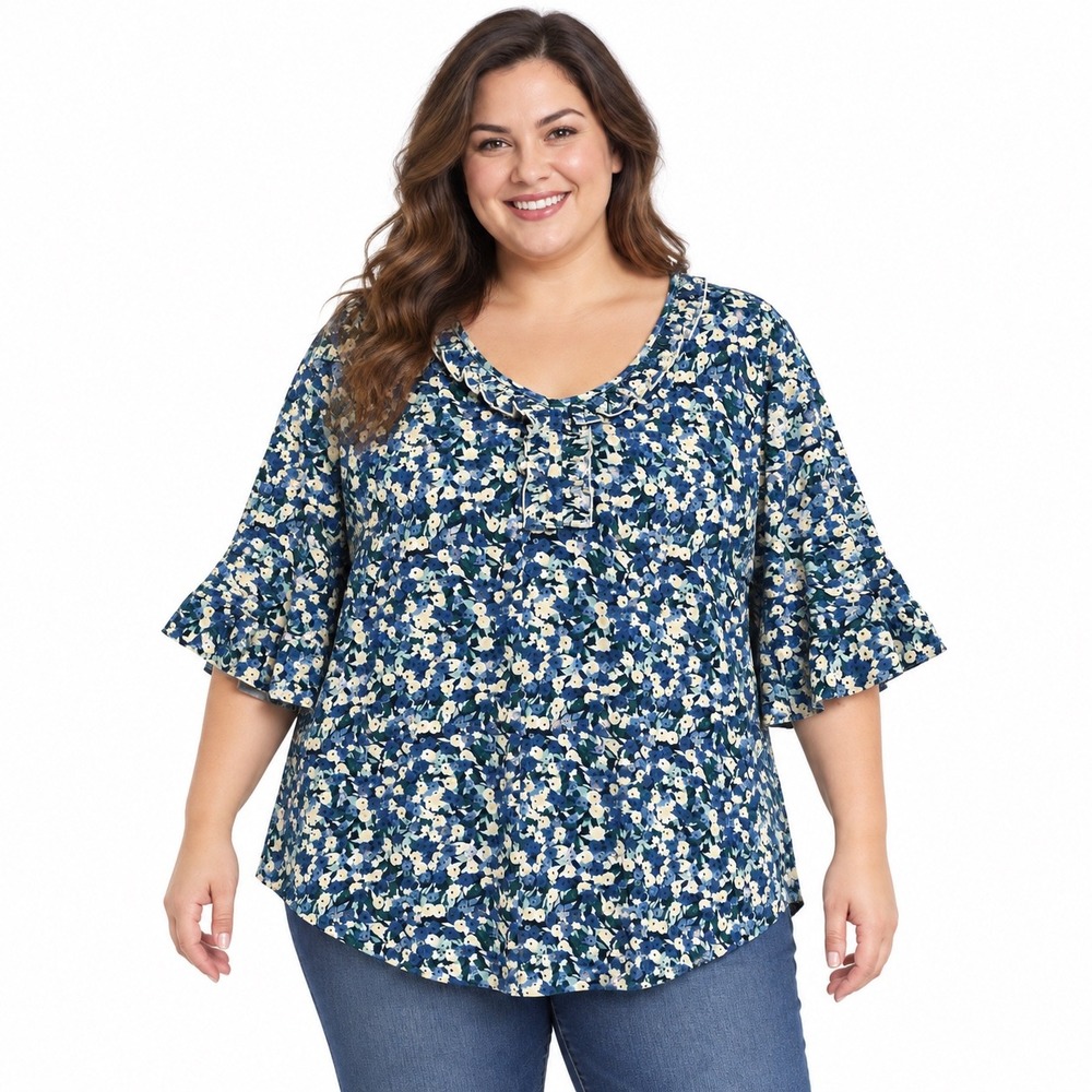 Plus Size Floral Ruffle Bell Sleeve Blouse Top XXL